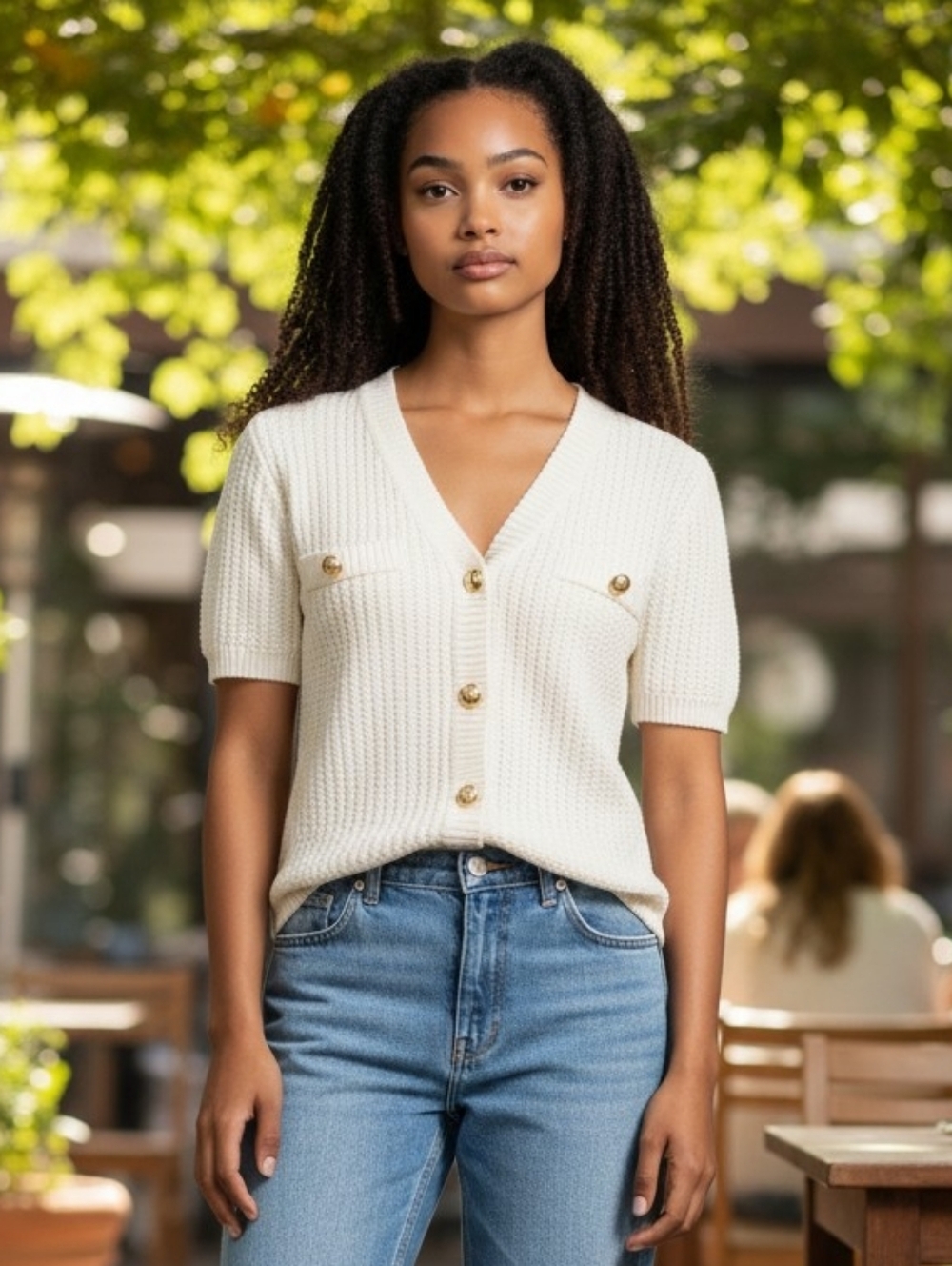 NWT French Connection Cream Short-Sleeve V-Neck Knit Cardigan with Gold Buttons